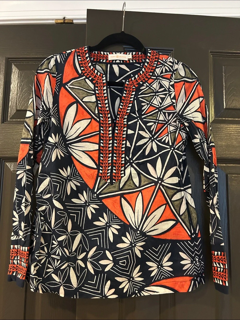 Tory Burch Navy, Orange & Cream Geometric Floral Tunic